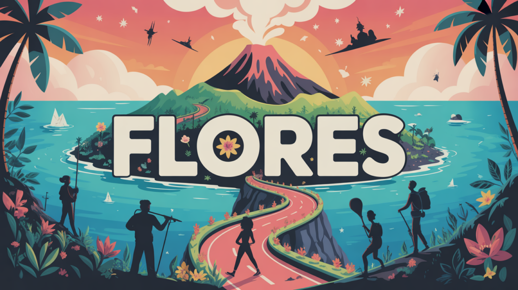 Illustration stylisée de Flores avec volcan et aventure