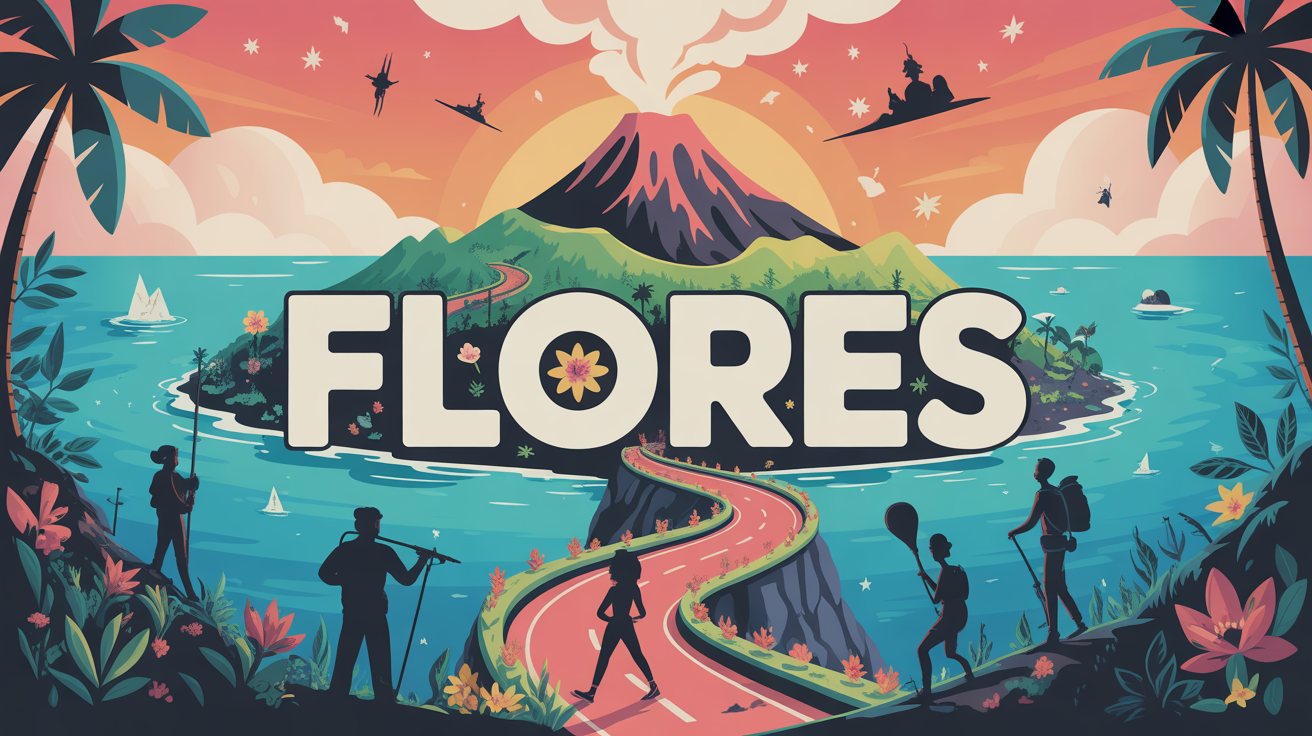 Illustration stylisée de Flores avec volcan et aventure