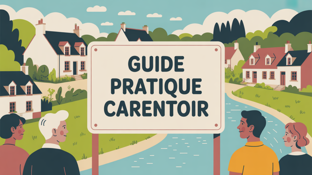 Illustration d'un village breton avec mairie, école et rivière, guide pratique Carentoir