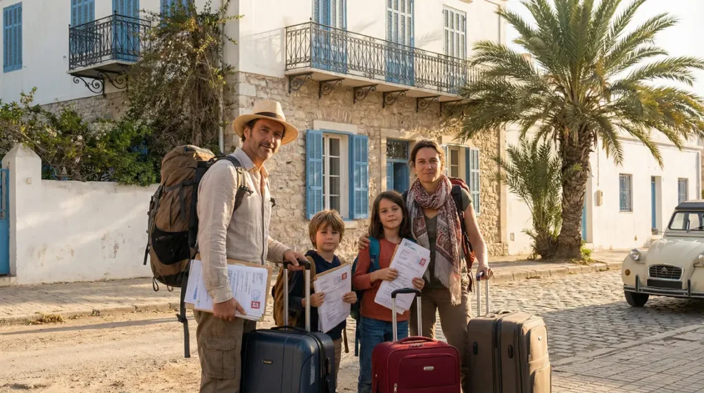 Famille francophone arrivée Tunisie immeuble palmier