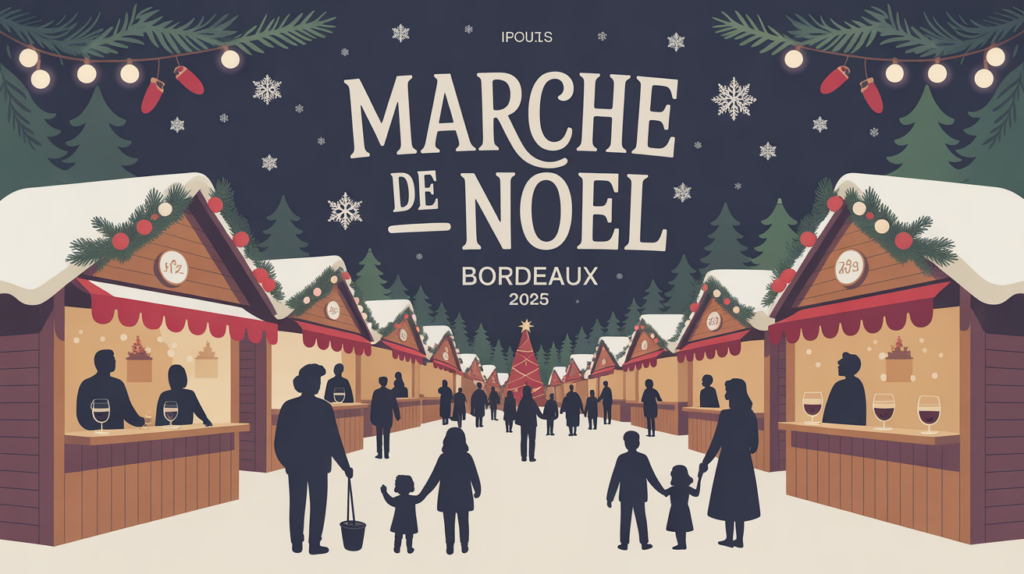 Illustration Marche de Noel Bordeaux 2025, chalets, vin chaud, famille