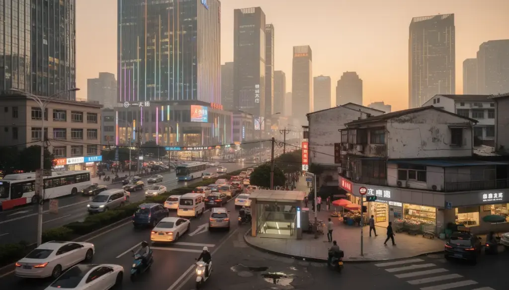 Vue photoréaliste grande ville Chine, immeubles, circulation et coûts urbains