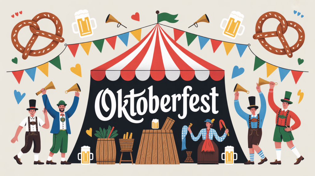 Illustration Oktoberfest Munich tente biere costumes pretzel fanfare