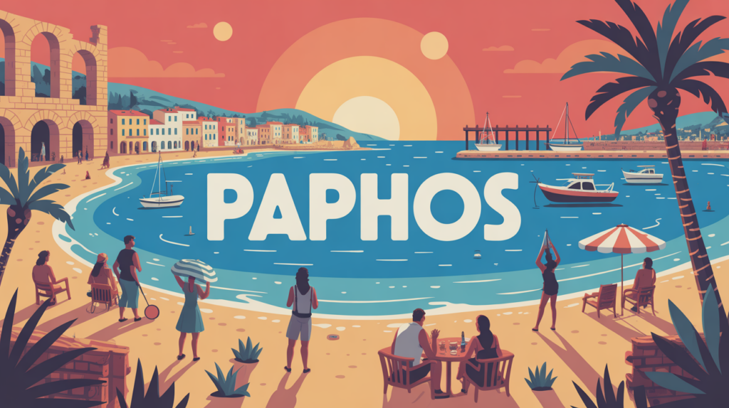 illustration Paphos ville balnéaire ruines plage port soleil