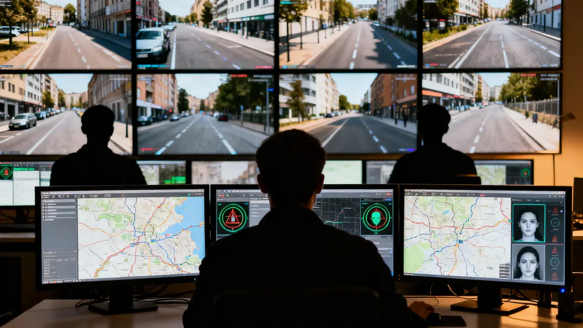 Salle de surveillance chinoise avec ecrans et reconnaissance faciale