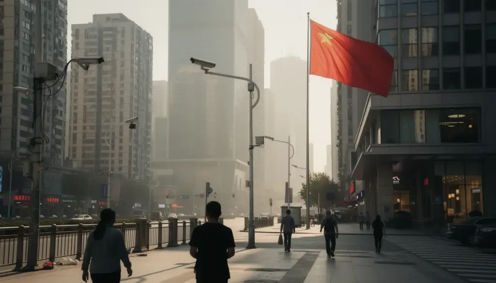 Vue d'une ville chinoise moderne surveillée, drapeau rouge et cameras