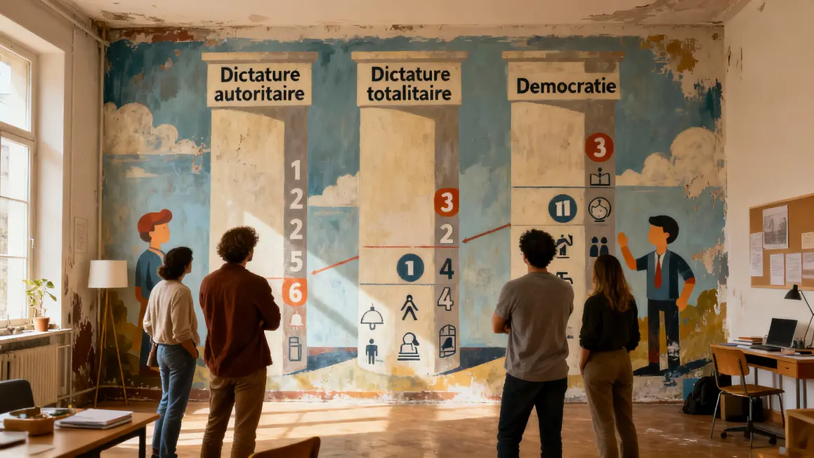 Tableau mural comparatif dictature autoritaire, totalitaire et democratie