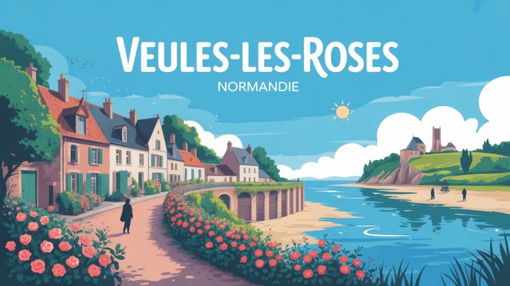 vue stylisée Veules-les-Roses Normandie village ruelles fleuries plage falaise