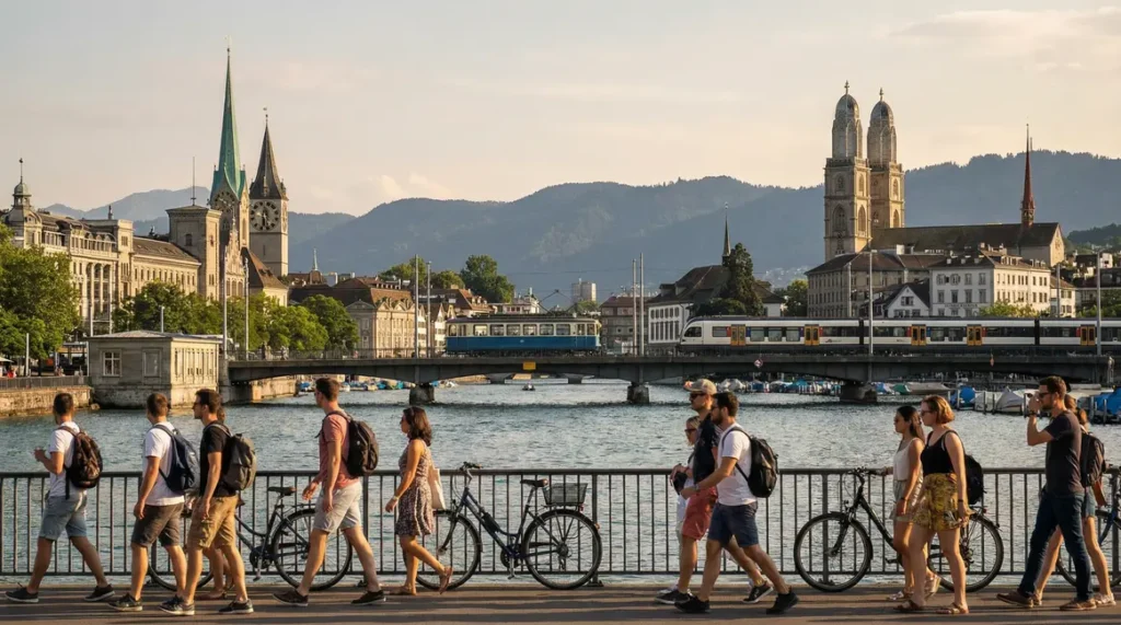 Vue été Zurich lac trains tram monuments