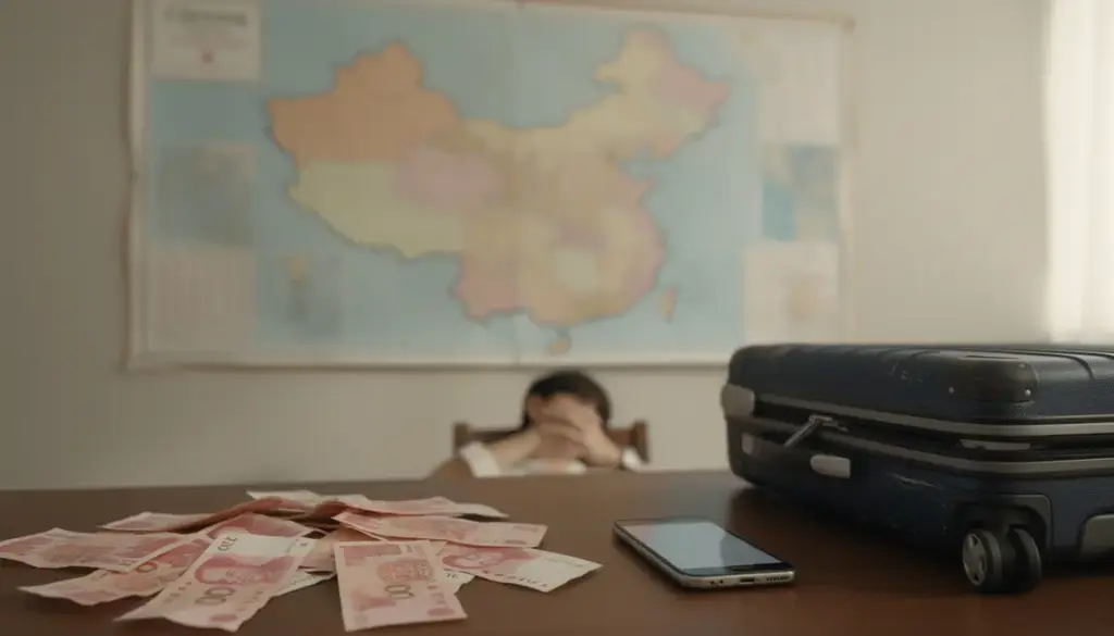 personne stylisée devant carte chine billets yuan valise smartphone