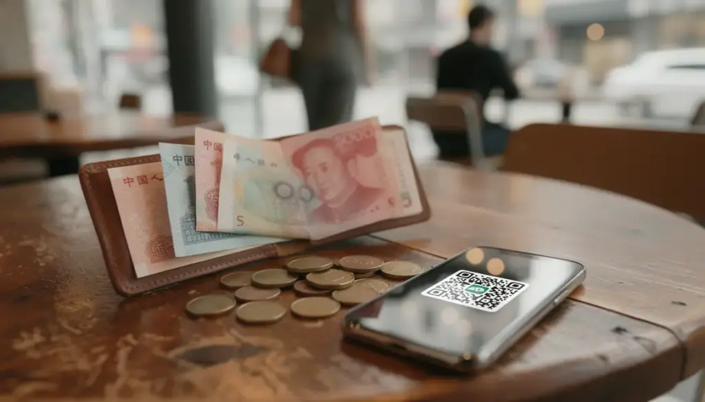 Portefeuille ouvert avec billets yuan renminbi et paiement mobile QR code