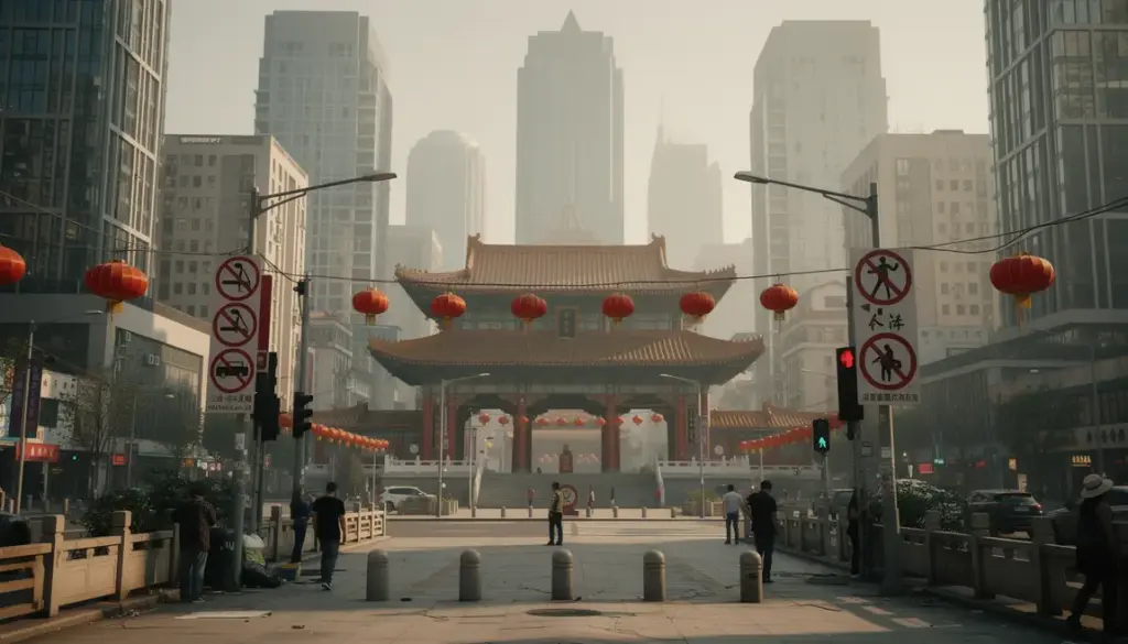 Ville chinoise moderne et symboles de restriction