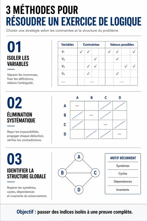 Infographie sur les méthodes de résolution d'exercices de logique pour concours et tests psychotechniques