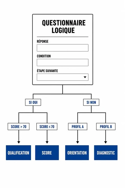 Questionnaire logique illustré sous forme d’arbre décisionnel avec branches conditionnelles
