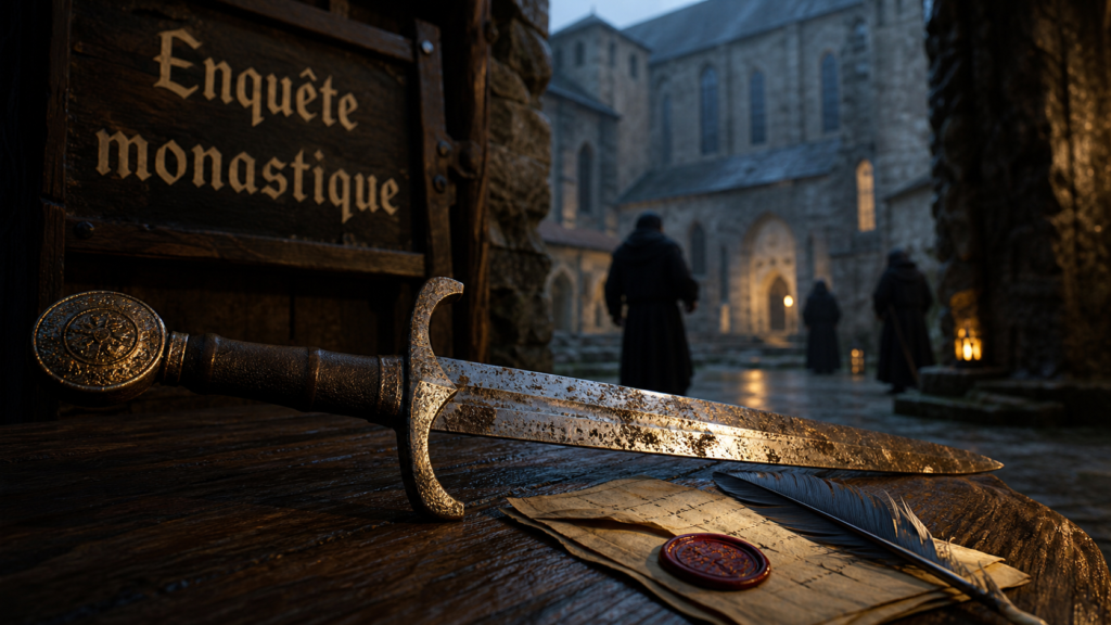 Film moyen age : épée sur table, parchemin et abbaye médiévale