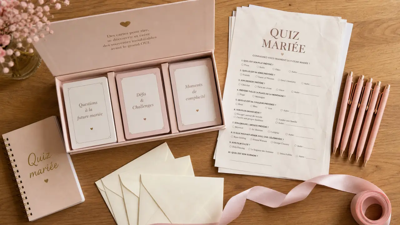 Jeux EVJF : boîte de cartes et quiz sur table en bois